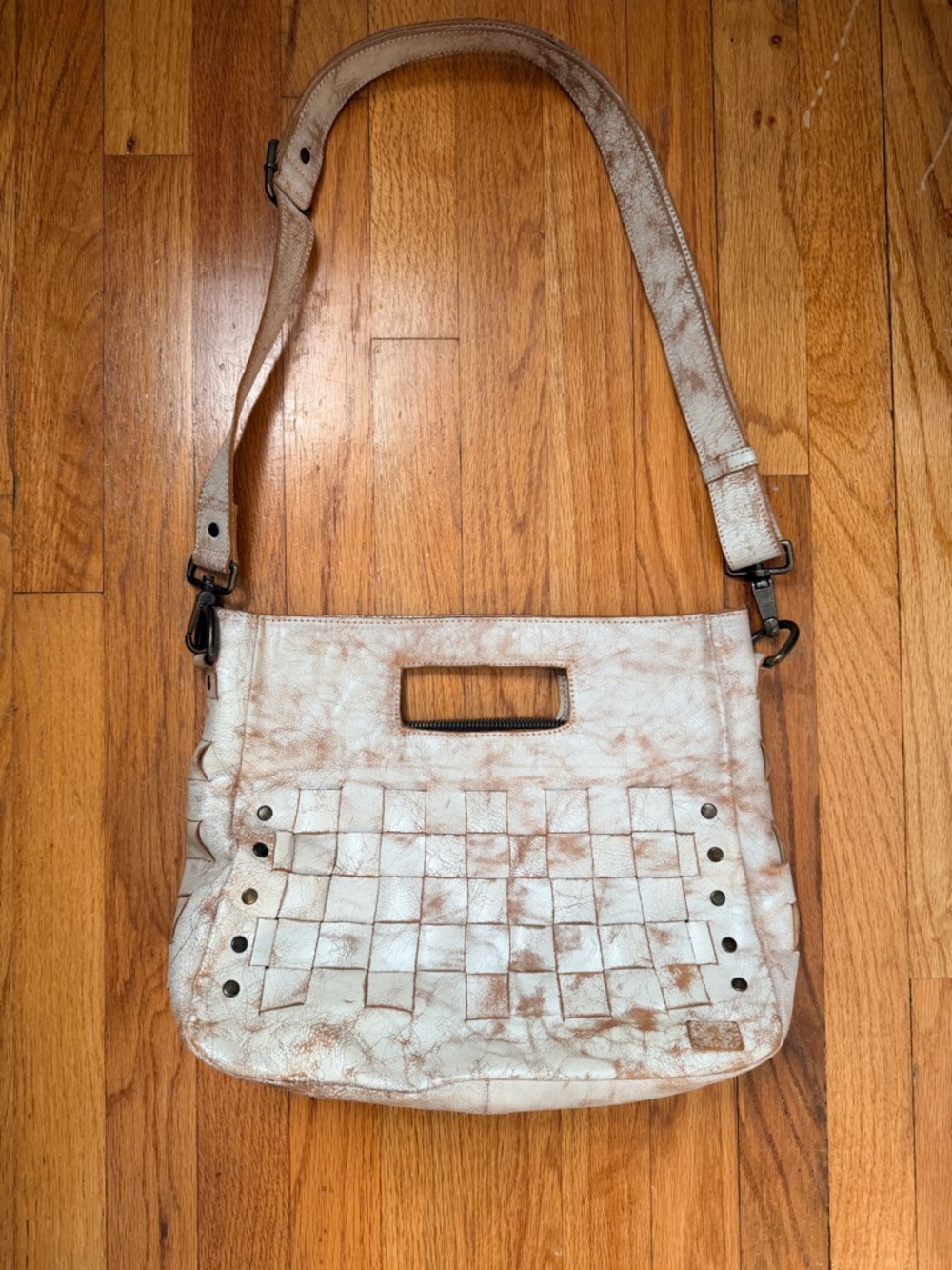 BED|STU Distressed White Leather Woven Crossbody